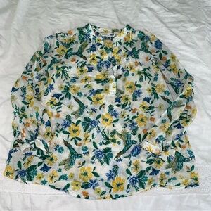 Old Navy MEDIUM The Tunic Shirt Linen blend Hummingbirds Floral green yellow